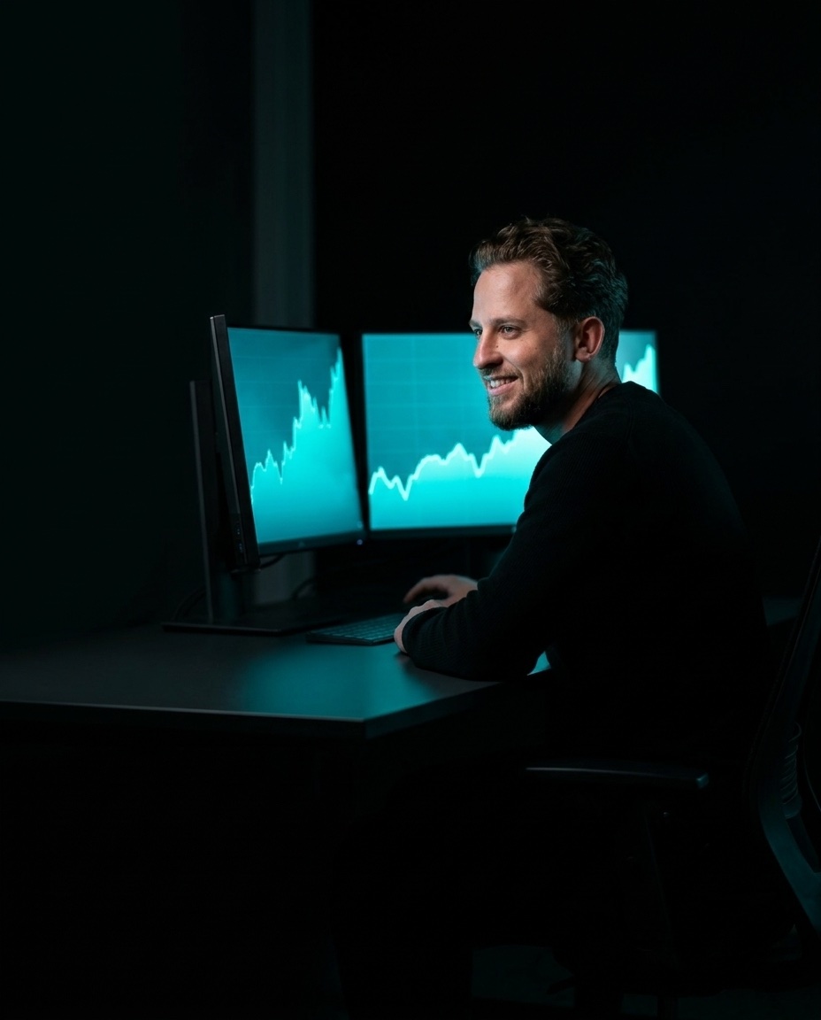 Dominik Maslan u pracovního stolu s grafy růstu na monitorech
